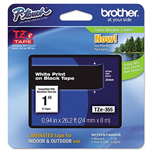 brother شريط Brother Genuine P-touch TZE-355، بعرض 1" (0.94")، شريط لامع قياسي، أبيض على أسود، لامع للاستخدام الداخلي أو الخارجي، مقاوم للماء، 0.94" × 26.2' (24mm × 8M)، عبوة فردية، TZE355 - Image 1