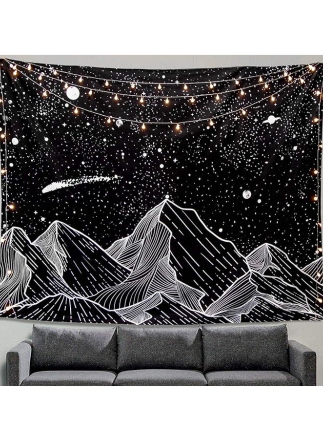 Today Idea Mountain Moon Tapestry Wall Hanging, Black and White Nature Starry Night Sky Stars Tapestry with Meteor and Galaxy Bedroom Home Wall Decor Printed Tapestry (50 Inch x 60 Inch) - Image 1