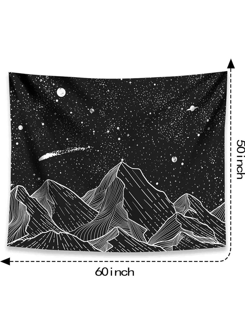 Today Idea Mountain Moon Tapestry Wall Hanging, Black and White Nature Starry Night Sky Stars Tapestry with Meteor and Galaxy Bedroom Home Wall Decor Printed Tapestry (50 Inch x 60 Inch) - Image 2