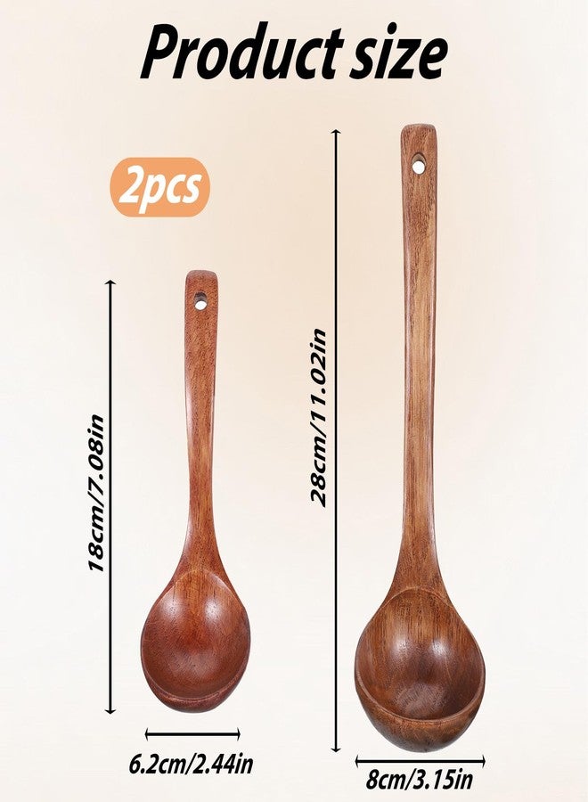 Xyembu Wooden Ladle for Soup, Set of 2 Wooden Spoons for for Deep Pot, Non-Stick Wooden Spoons for Cooking & Serving, Natural Wood Sauces Porridge Soup Flatware with Long Straight Handle - Image 2