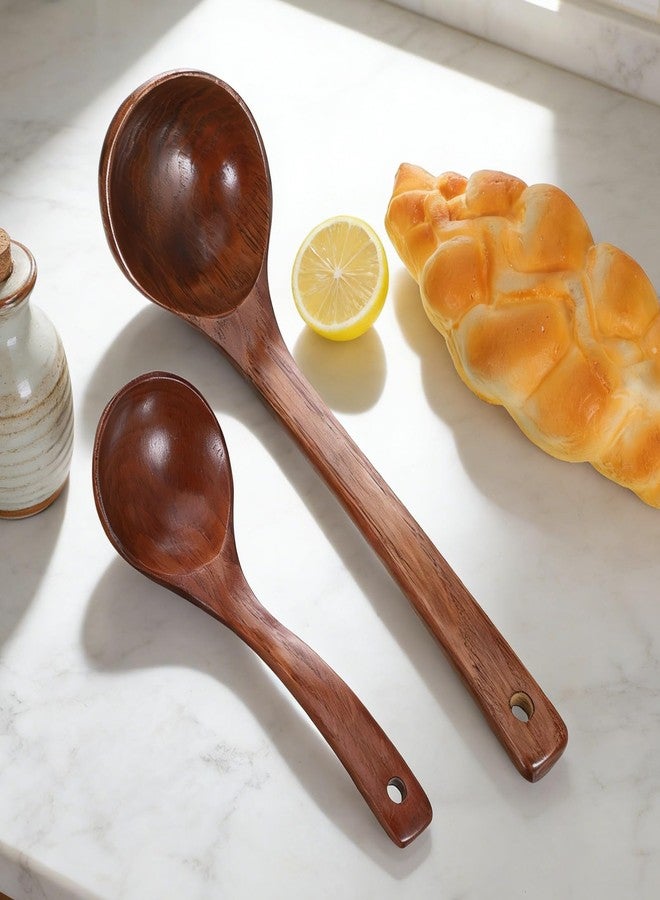 Xyembu Wooden Ladle for Soup, Set of 2 Wooden Spoons for for Deep Pot, Non-Stick Wooden Spoons for Cooking & Serving, Natural Wood Sauces Porridge Soup Flatware with Long Straight Handle - Image 4