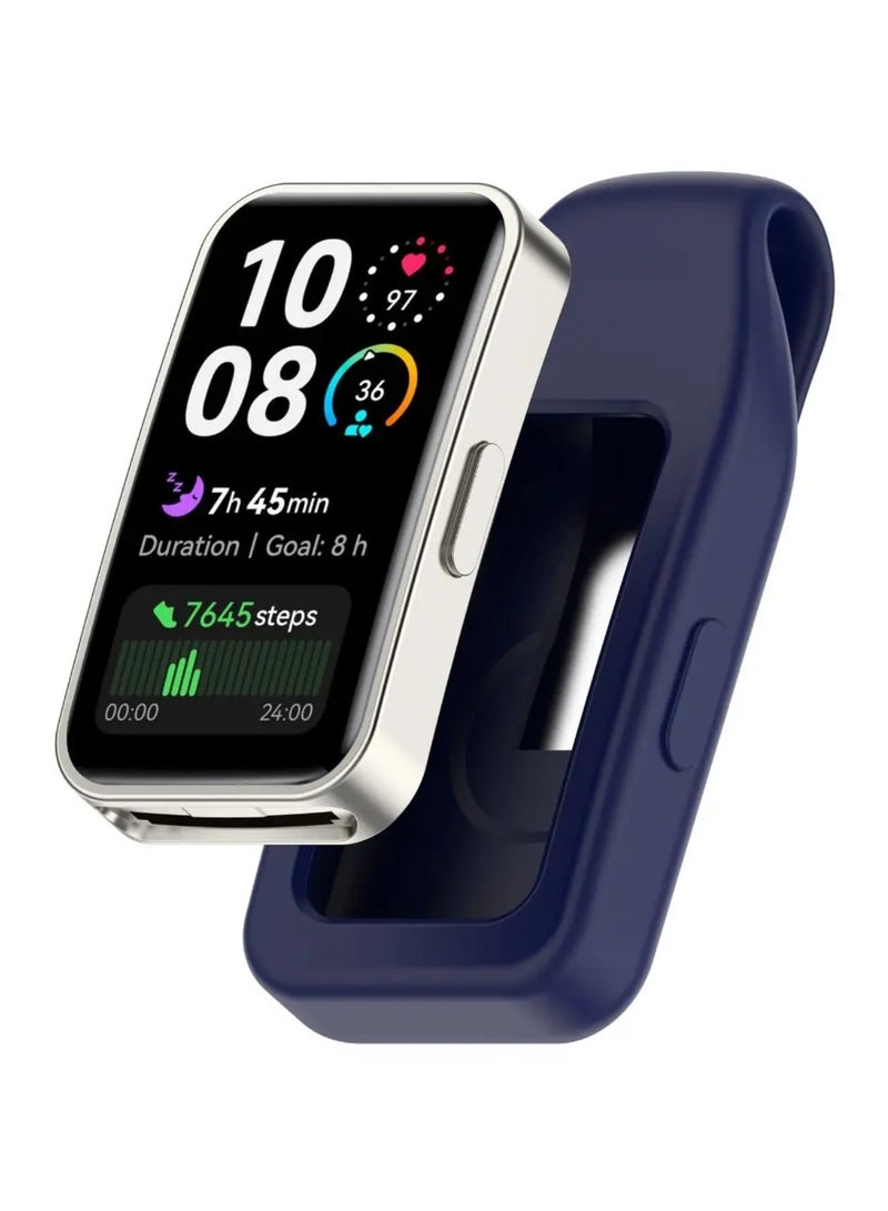 1pcs Steel Clip Silicone Case Replacement Anti-lost Buckle Holder Anti-Scratch Soft Protective Sleeve for Huawei Band 10 for Huawei Band 9 for Huawei Band 8 Smart Watch (Dark Blue) - Image 1