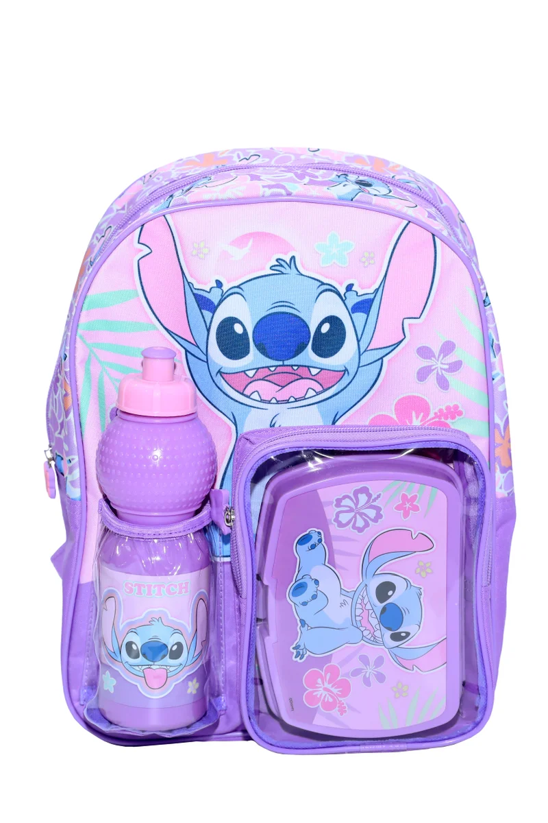 Disney Disney Stitch 3-Piece School Set – 14" Backbag pack, Lunch Box &amp; Water Bottle – Purple Cartoon Design for Kids-Non Trolley