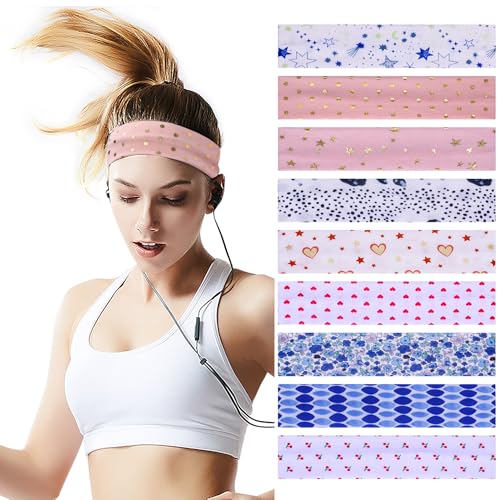 HAUCA Work Headbands for Women 9Pcs, Cotton Like Headbands 2.5 inch Wide, Soft Sweat Wicking Stretchy Head Band for Cycling Biking Gym Sports Yoga Running Skincare (Patten) - Image 1