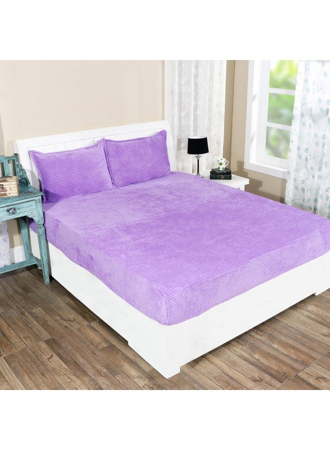 RD TREND 190 GSM Flannel Elastic Warm bedsheets for Winter King Fitted Size (78x72x8 Inches) with 2 Pillow Cover Size (18x28 Inches) Color- Lavender,Striped - Image 1