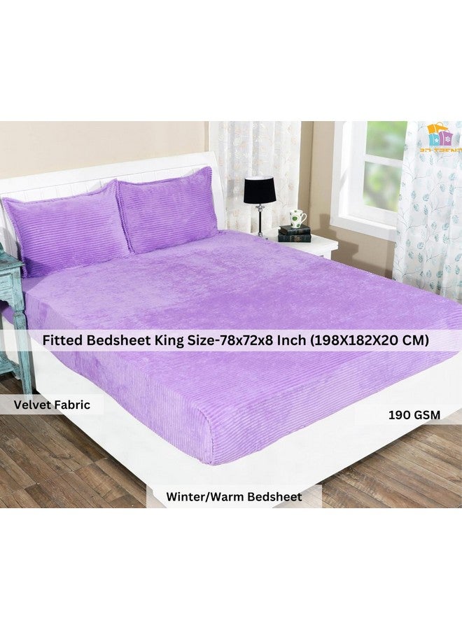 RD TREND 190 GSM Flannel Elastic Warm bedsheets for Winter King Fitted Size (78x72x8 Inches) with 2 Pillow Cover Size (18x28 Inches) Color- Lavender,Striped - Image 2