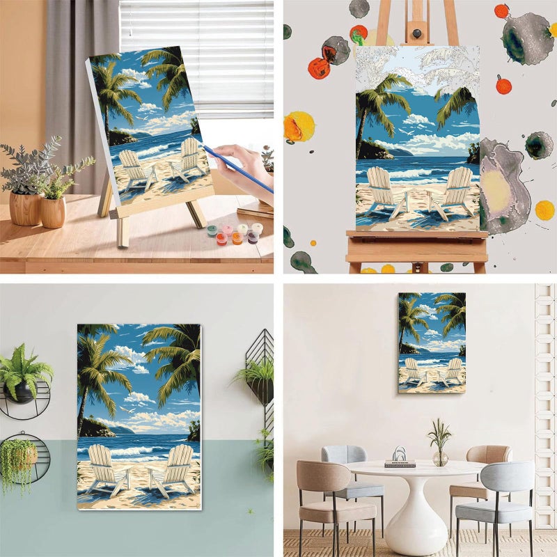 xackcme Beach Paint by Numbers for Adults with Framed Canvas - with Wooden Easel, Landscape Paint by Number on Canvas, DIY Acrylic Oil Painting Kits with Brushes for Home Wall Decor (8x12 inch) - Image 3