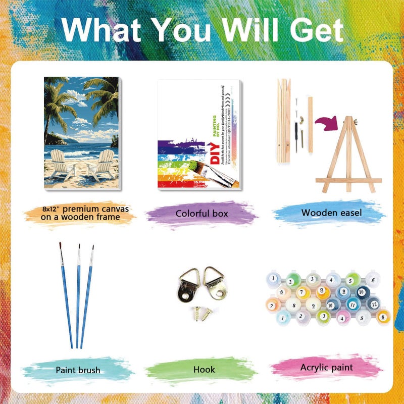 xackcme Beach Paint by Numbers for Adults with Framed Canvas - with Wooden Easel, Landscape Paint by Number on Canvas, DIY Acrylic Oil Painting Kits with Brushes for Home Wall Decor (8x12 inch) - Image 4