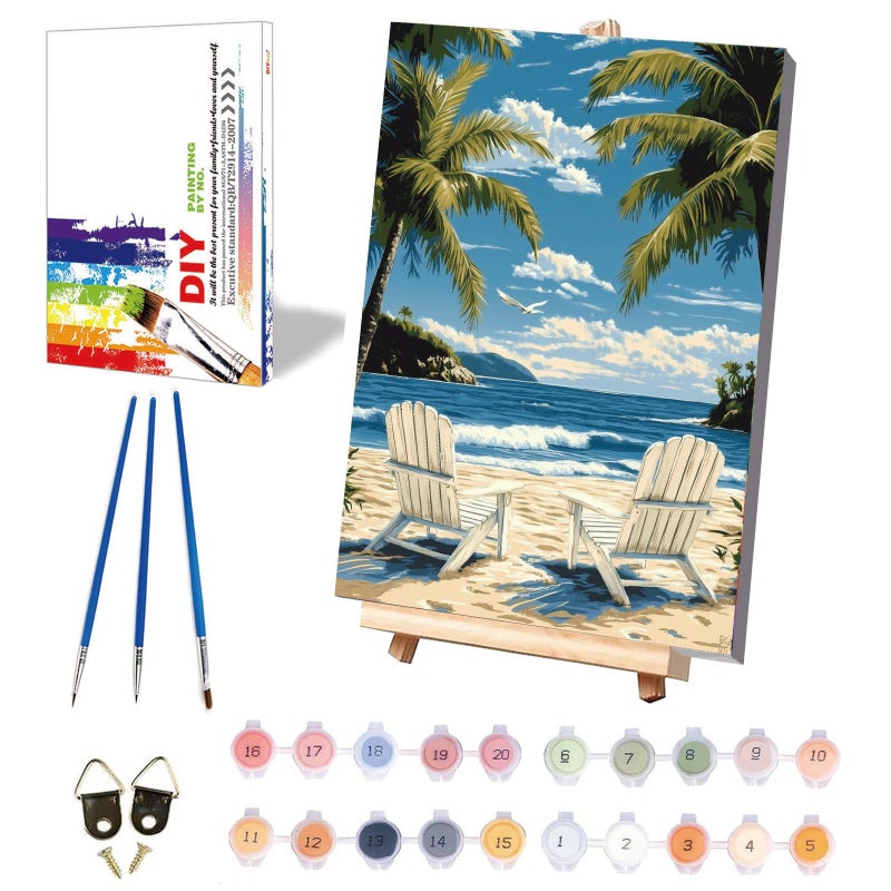 xackcme Beach Paint by Numbers for Adults with Framed Canvas - with Wooden Easel, Landscape Paint by Number on Canvas, DIY Acrylic Oil Painting Kits with Brushes for Home Wall Decor (8x12 inch) - Image 1