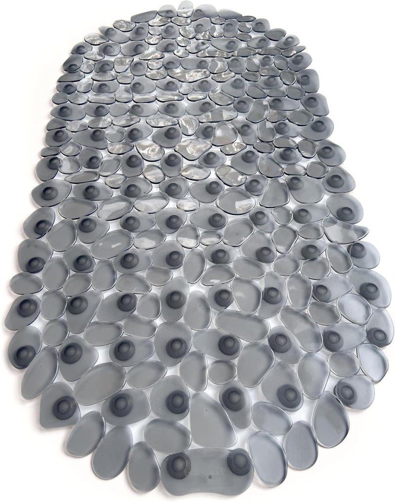 Tike Smart “Pebbles” Non-Slip Bathtub & Shower Mat 27”x14” Oval - Non-Toxic - Safe, Clean, Machine-Washable, Superior Grip & Drainage, Vinyl, for Smooth Floors ONLY, Transparent Gray - Image 2