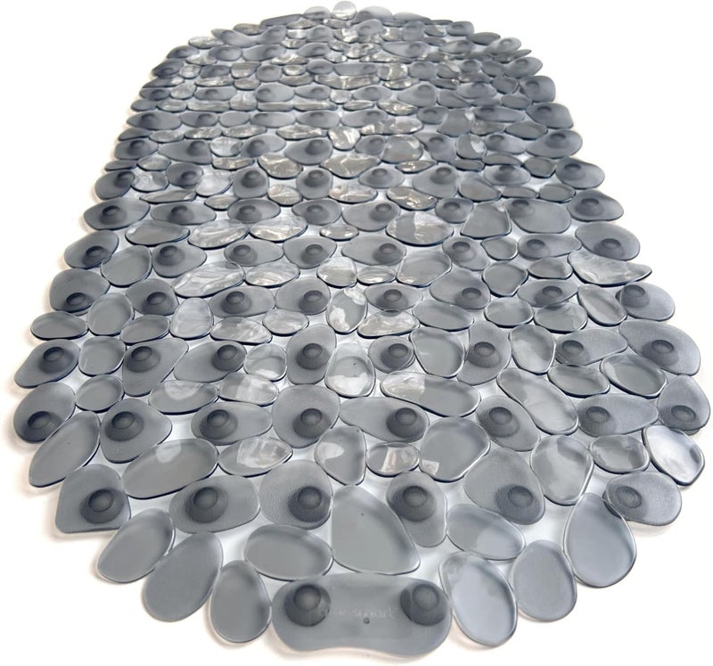 Tike Smart “Pebbles” Non-Slip Bathtub & Shower Mat 27”x14” Oval - Non-Toxic - Safe, Clean, Machine-Washable, Superior Grip & Drainage, Vinyl, for Smooth Floors ONLY, Transparent Gray - Image 1