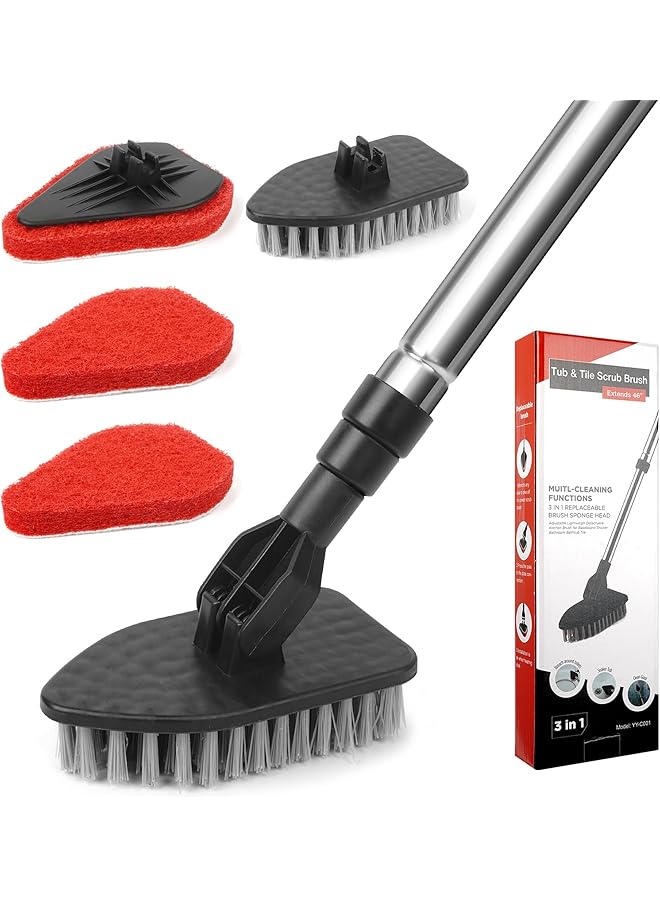 PROMASS Tub Tile Scrubber Brush 2 in 1 Scrub Cleaning Brush with Long Handle 47" Adjustable Telescopic Pole Stiff Bristles Scouring Pads for Cleaning Bathroom Kitchen Toilet Shower Wall Sink Non-Scratch - Image 1