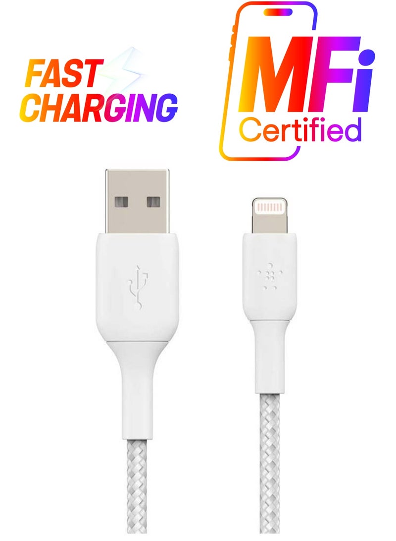بيلكين كابل لايتنينج مضفر (كابل بوست تشارج لايتنينج إلى USB لأجهزة آيفون وآي باد وآيربودز) معتمد من MFi بطول 1 متر أبيض - Image 1