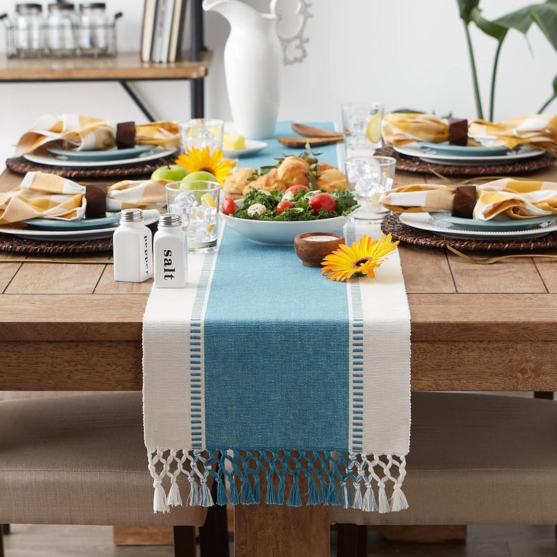 DII Dobby Stripe Woven Table Runner, 13x72 (13x77.5, Fringe Included), Storm Blue - Image 4