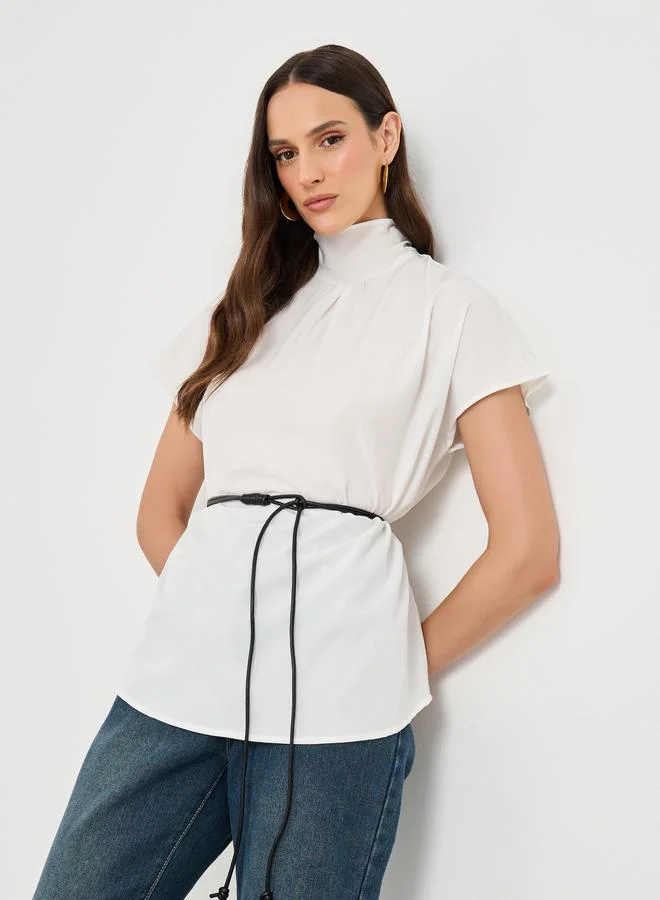 ستايلي Styli White High Neck Blouse with Loop String Belt