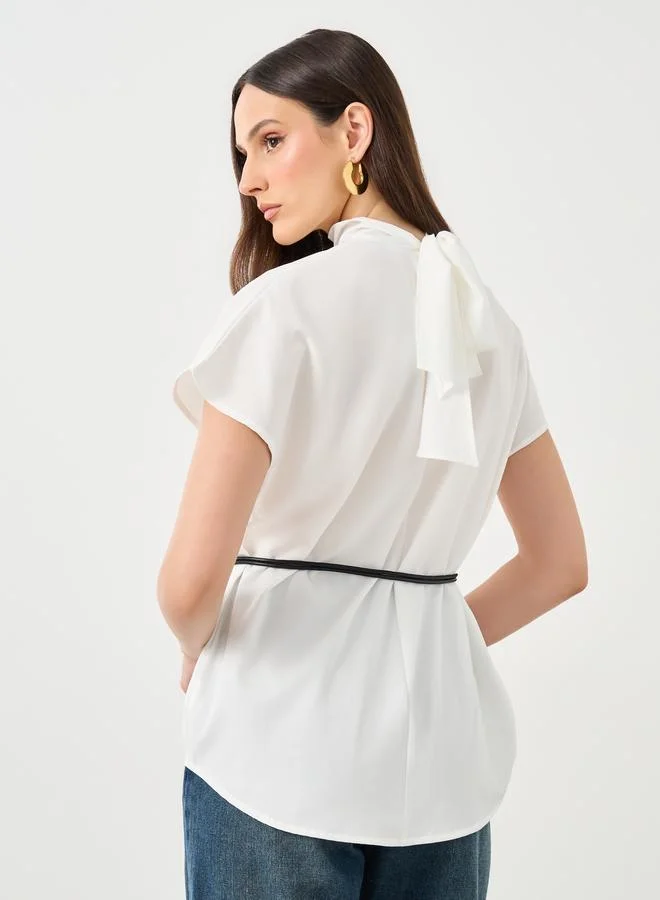 Styli Styli White High Neck Blouse with Loop String Belt