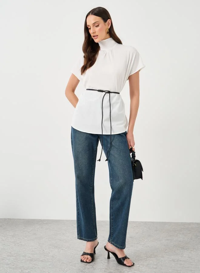 Styli White High Neck Blouse with Loop String Belt
