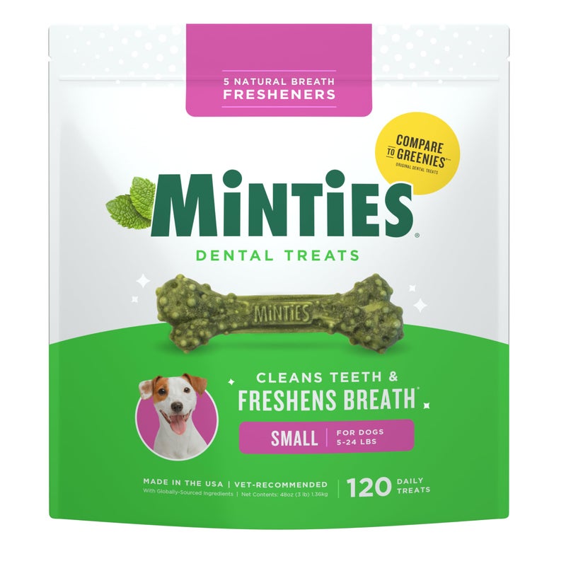 Minties Dog Dental Bone Treats, Tiny/Small Dental Dog Treats, 5-25 lbs, Clean Teeth, Fight Bad Breath, Removes Plaque and Tartar, 120 Count - Image 1