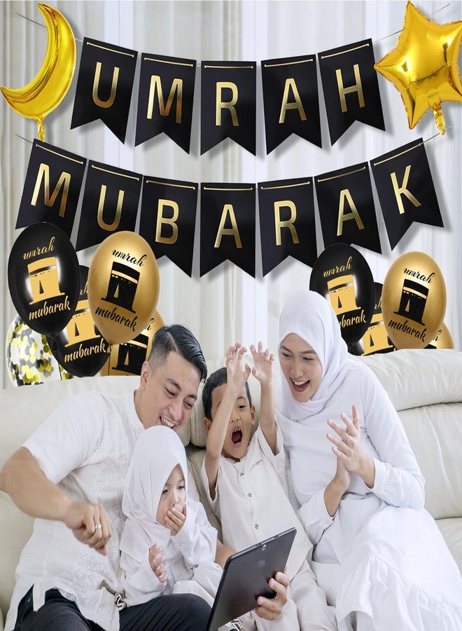 UGUHHKUY Umrah Mubarak Decorations Ramadan Banner - 21 Pcs Black Gold Hajj Ramadan Decor Balloons Banner For Lslamic Muslim Al Fitr Eid Party Favors - Image 3