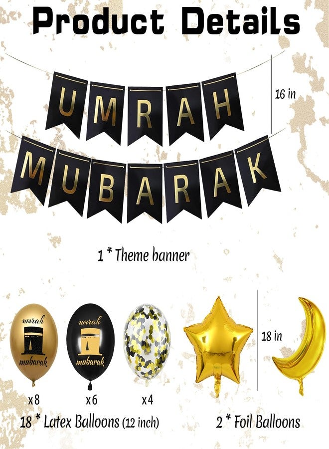 UGUHHKUY Umrah Mubarak Decorations Ramadan Banner - 21 Pcs Black Gold Hajj Ramadan Decor Balloons Banner For Lslamic Muslim Al Fitr Eid Party Favors - Image 2