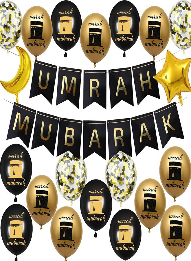UGUHHKUY Umrah Mubarak Decorations Ramadan Banner - 21 Pcs Black Gold Hajj Ramadan Decor Balloons Banner For Lslamic Muslim Al Fitr Eid Party Favors - Image 1