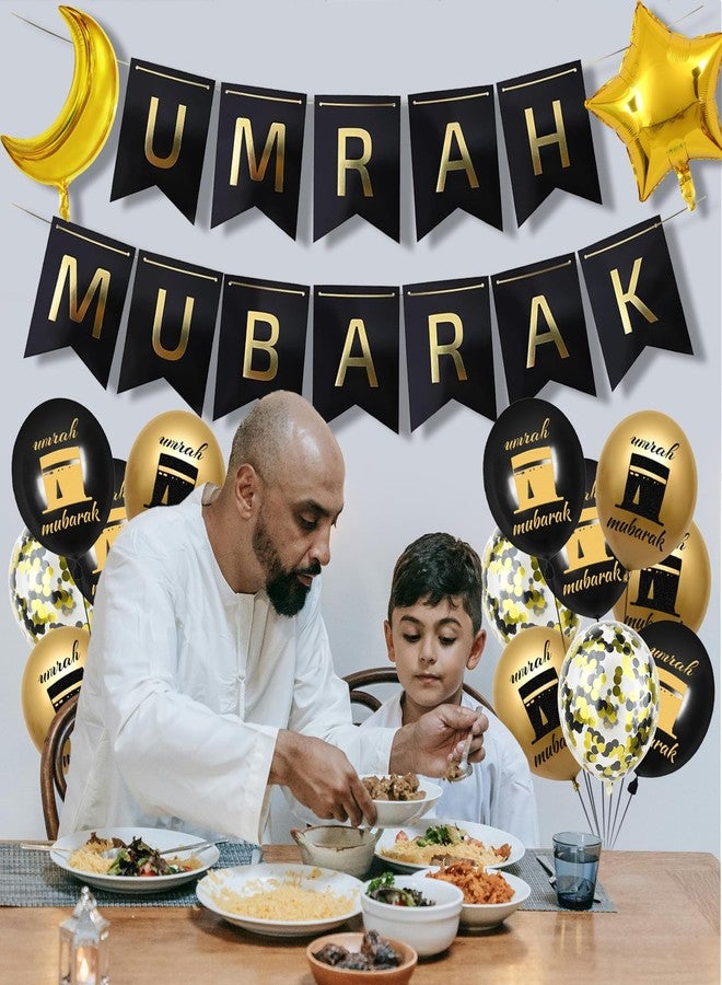 UGUHHKUY Umrah Mubarak Decorations Ramadan Banner - 21 Pcs Black Gold Hajj Ramadan Decor Balloons Banner For Lslamic Muslim Al Fitr Eid Party Favors - Image 4