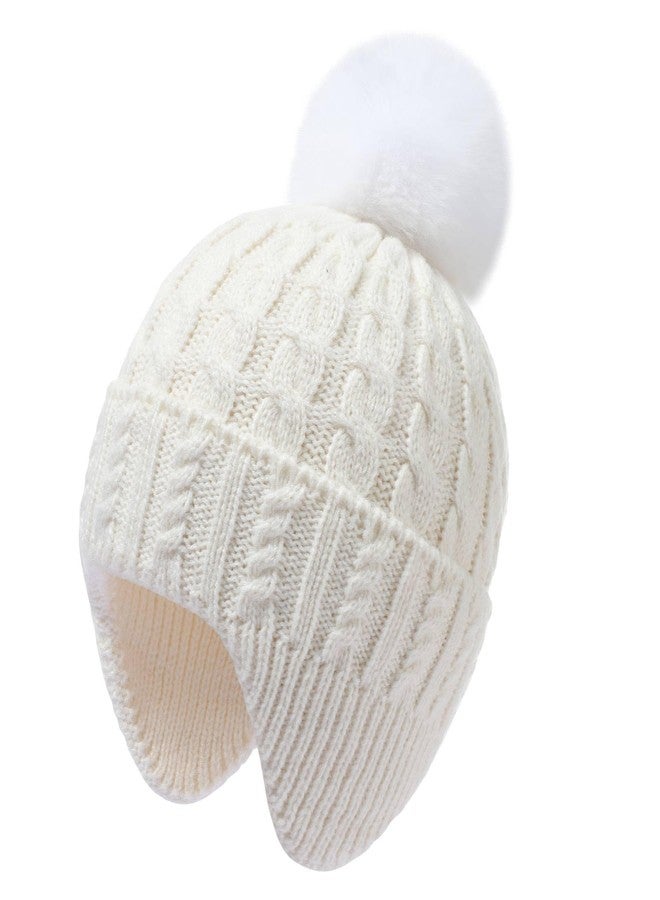 Peninpha Baby Girls Winter Hat with Earflap Toddler Boys Warm Twisted Knit Beanie Hats Kid Cute Pom-pom Ski Cap(Beige,2-6 Y) - Image 1