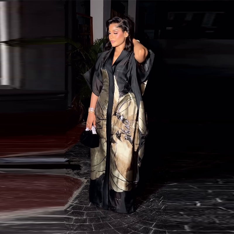 Export Women'S High Fashion Loose Black Printed Cardigan Long Skirt - Image 4