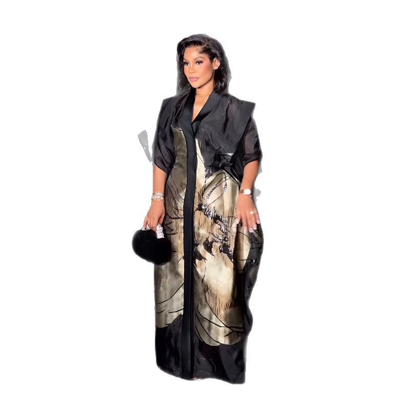 Export Women'S High Fashion Loose Black Printed Cardigan Long Skirt - Image 5
