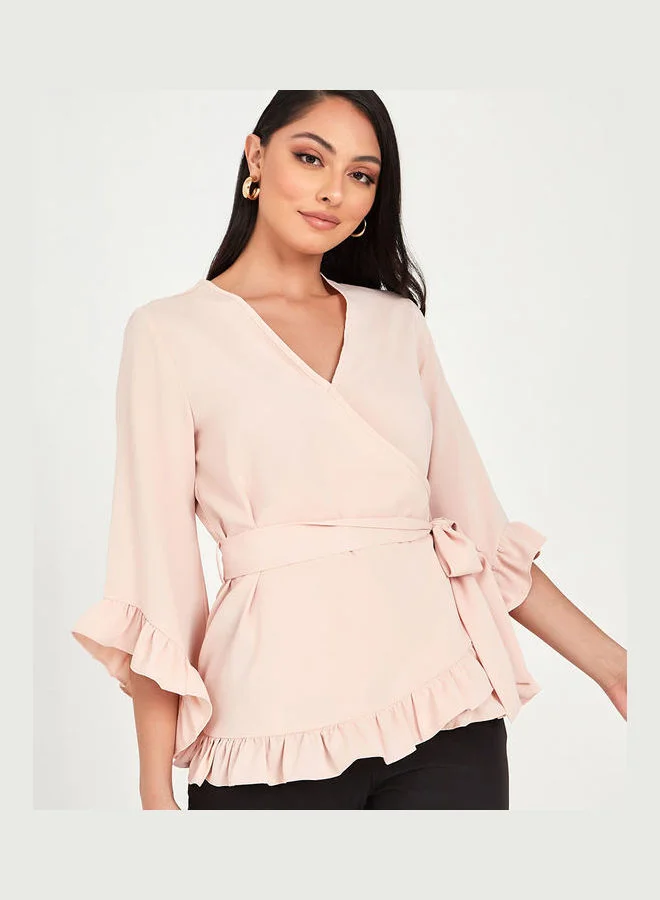 Styli Plain 3/4 Sleeves Wrap Top
