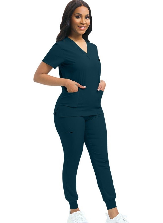 Loquat Medical Uniform Scrubs 2 Piece Set V-Neck Top and Elastic Waist Jogger Pants Suit Azure Blue - Image 2