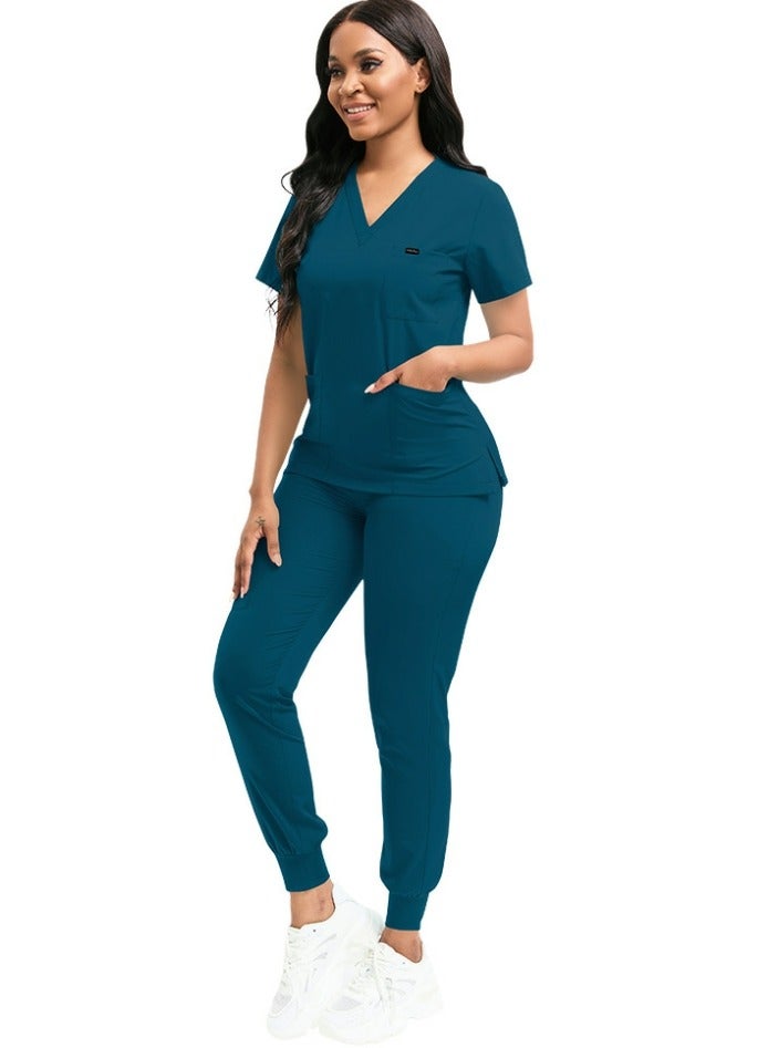 Loquat Medical Uniform Scrubs 2 Piece Set V-Neck Top and Elastic Waist Jogger Pants Suit Azure Blue - Image 1