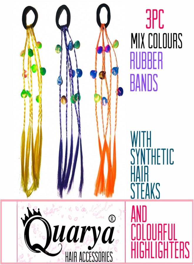 Quarya Rubber Band Hairbands with Artificial Hair Streaks Bright Coloured Highlighter Synthetic Hair Extensions for Colourful Highlighting Hair Accessories for Girls and Women (Pack of 3) - Image 3
