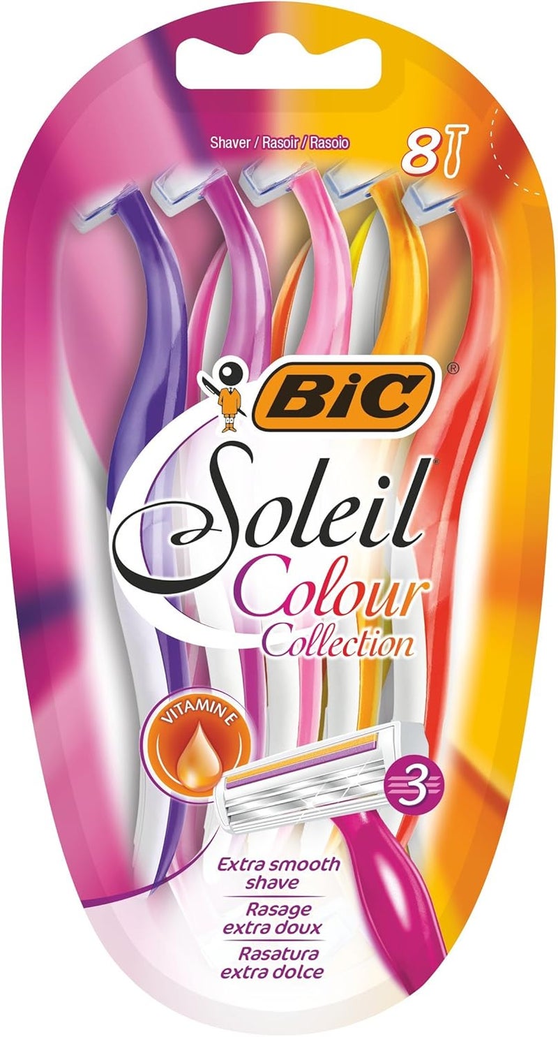 BIC Miss Soleil Colour Collection 3Blade Razors for Women with Easy Grip Handle and Lubricating Strips Pack of 8 - Image 1