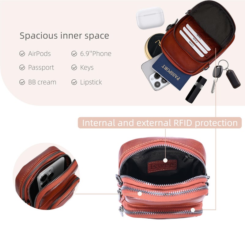 Iswee Vintage Genuine Leather Crossbody Bag for Women Shoulder Handbags Small Travel Phone Purse RFID with Adjustable Strap (Brown) - Image 4