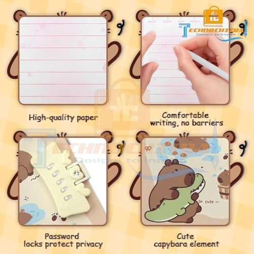 TECHNOCHITRA Beautiful Capybara Password Lock Diary with Pen | Secret Writing Notebook Journal Gift Set for Kids, Girls & Adults | Cute Stationery Diary with Lock & Pen - Image 3