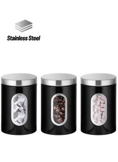 3-Pcs Kitchen Canister Set with Secure Lids - Food Storage Jars, Transparent Viewing Window, Customizable Labels - Ideal for Sugar, Tea, Coffee - Black