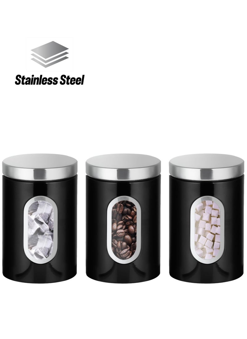 KASTWAVE - 3-Pcs Kitchen Canister Set with Secure Lids - Food Storage Jars, Transparent Viewing Window, Customizable Labels - Ideal for Sugar, Tea, Coffee - Black - Image 1