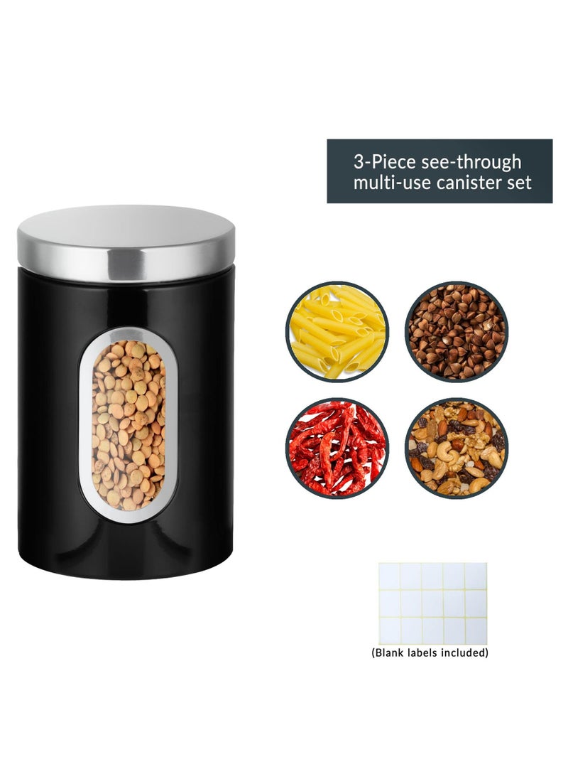 KASTWAVE - 3-Pcs Kitchen Canister Set with Secure Lids - Food Storage Jars, Transparent Viewing Window, Customizable Labels - Ideal for Sugar, Tea, Coffee - Black - Image 1