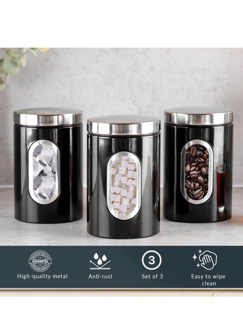 KASTWAVE - 3-Pcs Kitchen Canister Set with Secure Lids - Food Storage Jars, Transparent Viewing Window, Customizable Labels - Ideal for Sugar, Tea, Coffee - Black - Image 1