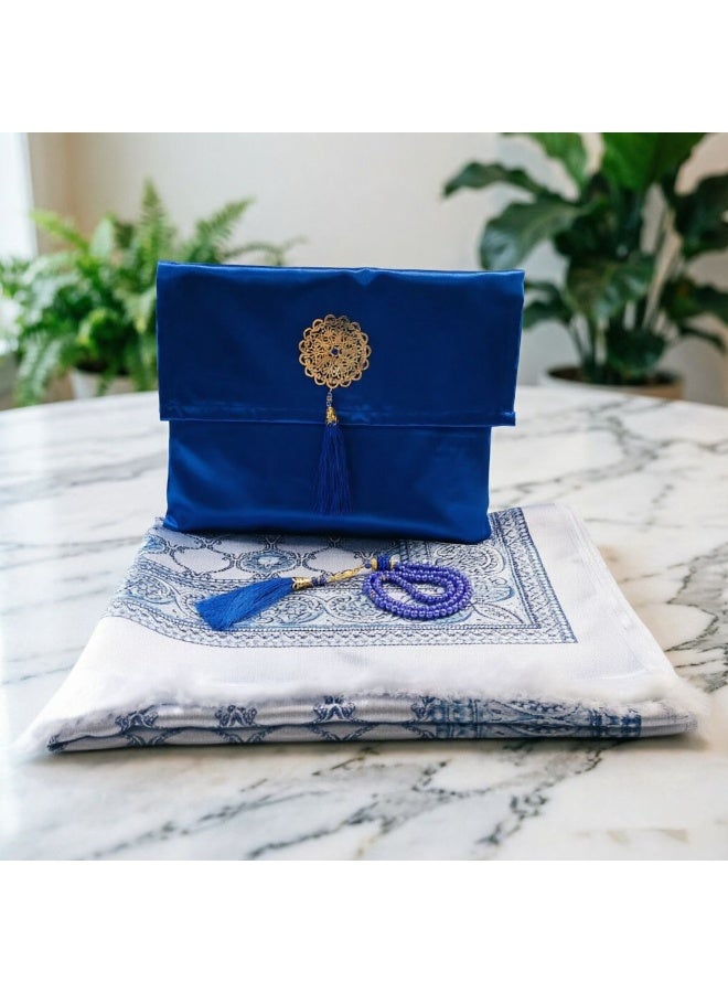 Minimalist Elastic Prayer Mat 3-Piece Gift Set with Satin Storage Bag & Prayer Beads - Image 1