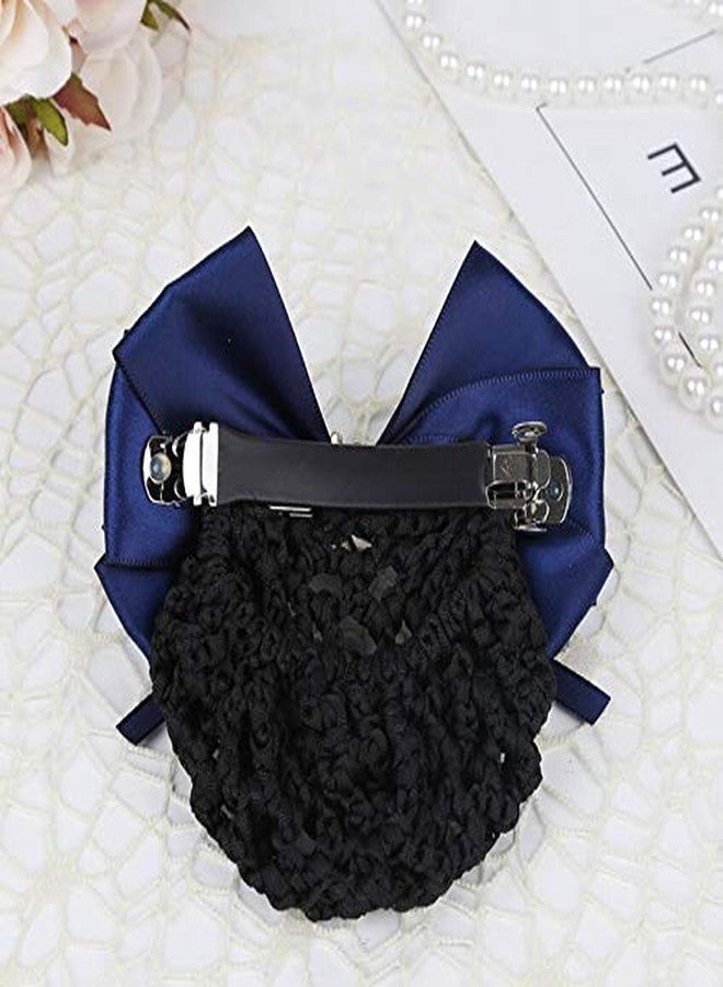 Natuworld Women Hair Bun Cover Net Snood Hairnet Bowknot Decor Satin Bow Barrette French Hair Clip Bow Ribbon Flower Hair Accessories For Stewardess Banks Hotels Restaurant Staff (Blue) - Image 5