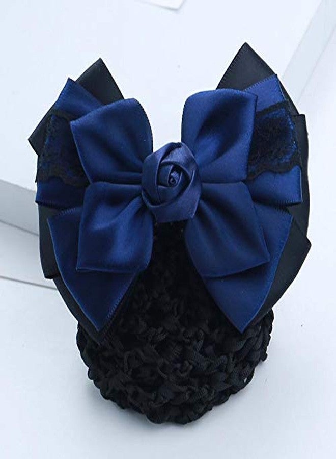 Natuworld Women Hair Bun Cover Net Snood Hairnet Bowknot Decor Satin Bow Barrette French Hair Clip Bow Ribbon Flower Hair Accessories For Stewardess Banks Hotels Restaurant Staff (Blue) - Image 3