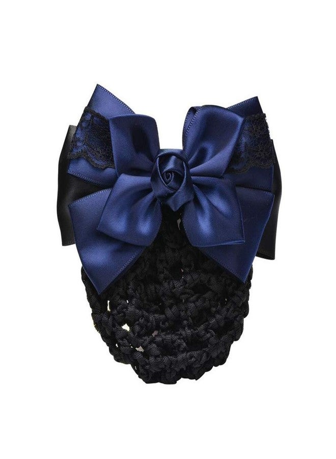 Natuworld Women Hair Bun Cover Net Snood Hairnet Bowknot Decor Satin Bow Barrette French Hair Clip Bow Ribbon Flower Hair Accessories For Stewardess Banks Hotels Restaurant Staff (Blue) - Image 1
