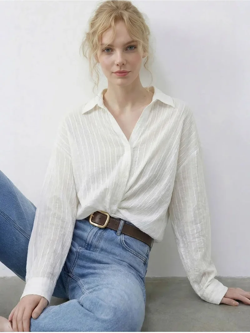 بيانكو لوتشي LUCCI Loose Fit Striped Shirt with Tie Detail