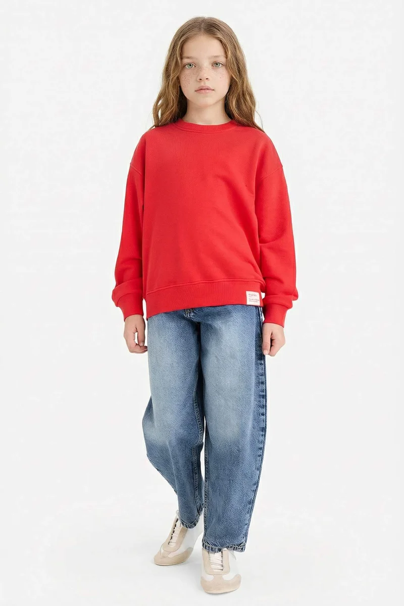 ديفاكتو Girl Relax Fit Crew Neck Slogan Printed Sweatshirt