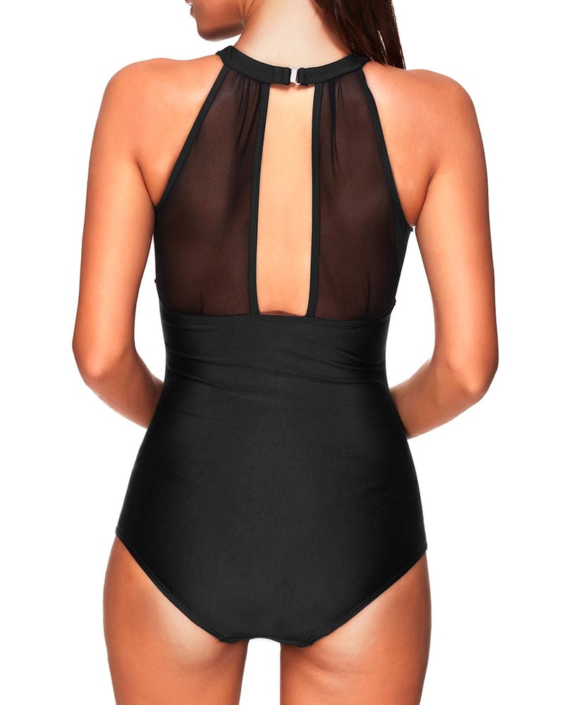 Tempt Me Women One Piece Swimsuit Black High Neck Plunge Ruched Tummy Control Bathing Suit M - Image 2