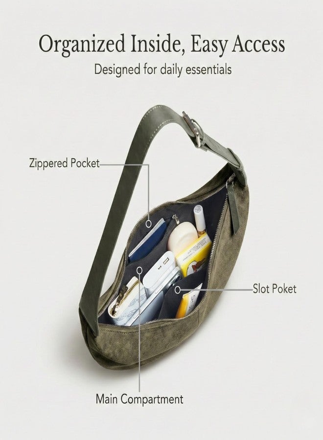 Yarnic Suede Hobo Crossbody Bag for Women Crescent-Shaped Shoulder Bag with Zipper Closure for Everyday Use, Olive - Image 5