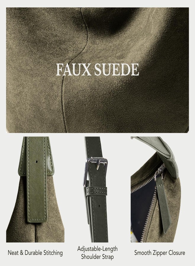 Yarnic Suede Hobo Crossbody Bag for Women Crescent-Shaped Shoulder Bag with Zipper Closure for Everyday Use, Olive - Image 3