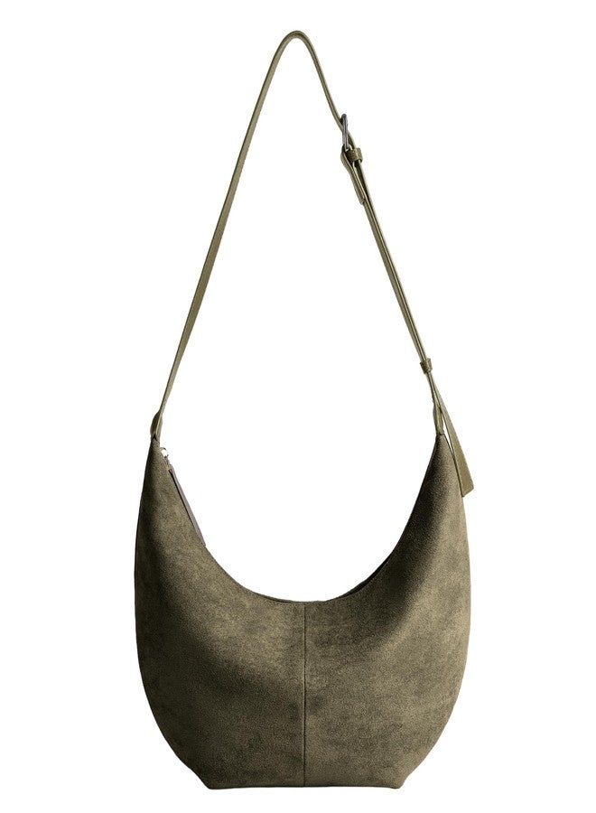 Yarnic Suede Hobo Crossbody Bag for Women Crescent-Shaped Shoulder Bag with Zipper Closure for Everyday Use, Olive - Image 1